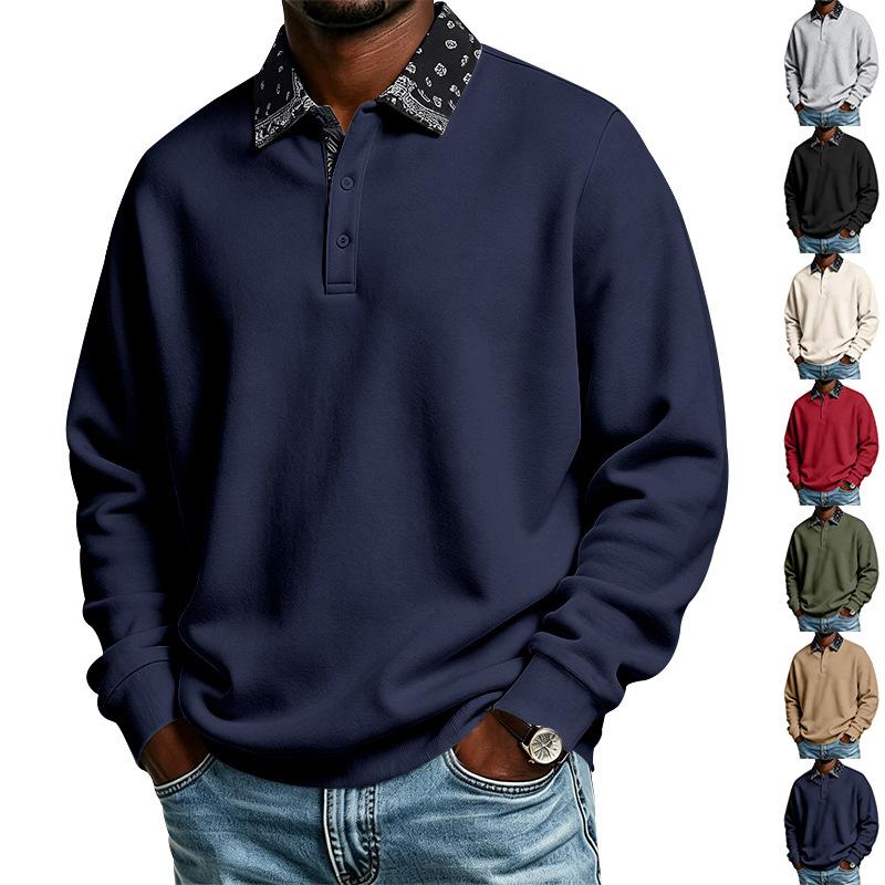 Mens Paisley Pattern Fleece Long Sleeve Polo Shirt American High Street Style