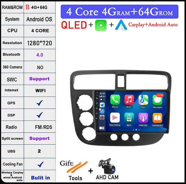 9 Lnch For Honda Civic 7 2000-2006 QLED Android 14 Car Radio Multimedia Video Player GPS AI Voice 4G CarPlay Head Unit Stereo