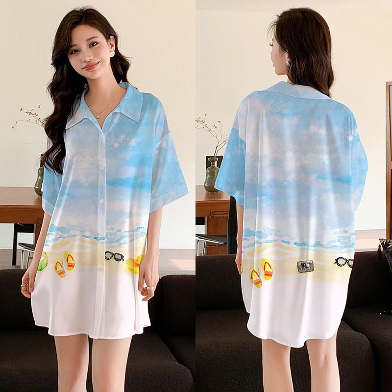 Ropa de Dormir Cómoda de Verano para Mujer Botones Delanteros Seda de Hielo Ropa para el Hogar Suelta Casual Estampada para Descansar