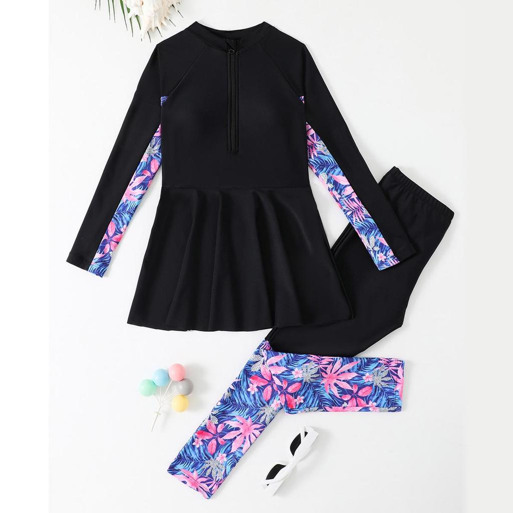 2025 New Long-Sleeve Two-Piece Swimsuit for Girls - Conservative Style, Medium & Large Sizes.
