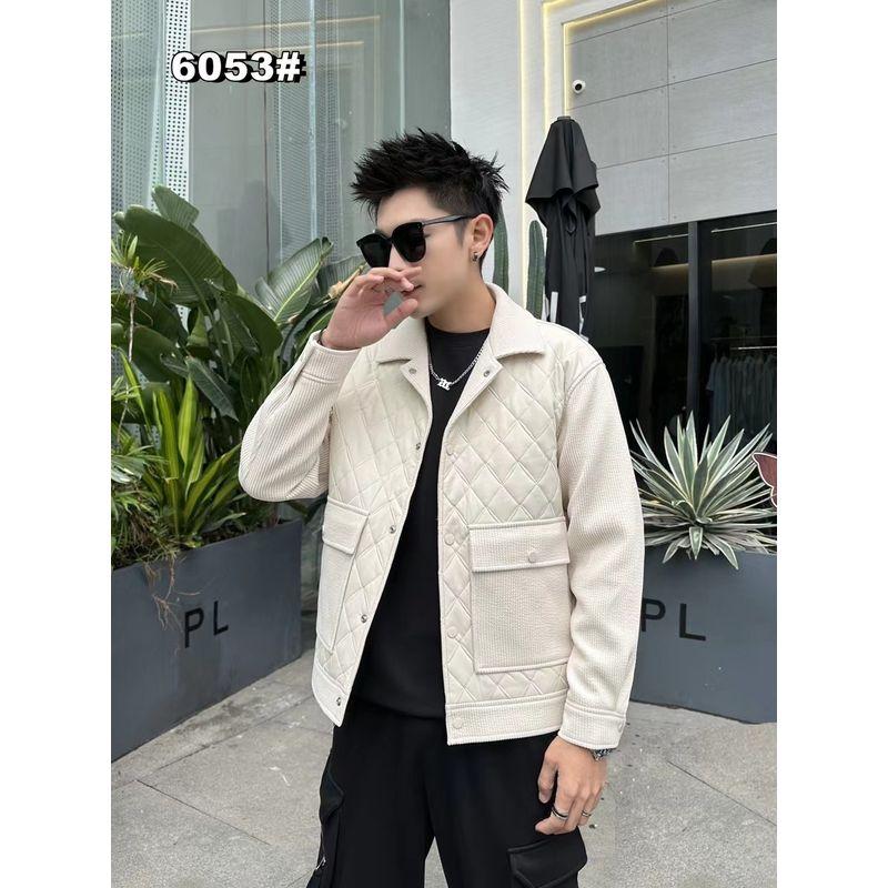 Trade Clearance Trendy Fleece-Lined Leather Jacket for Men, New Autumn and Winter Style, Turn-Down Collar, Diamond Pattern, Casual Workwear Coat