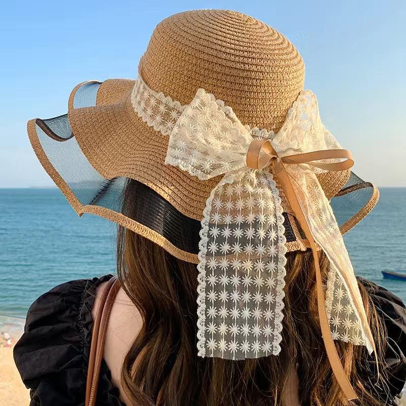 Flower Ribbon Sun Hat For Women's New Seaside Vacation Sweet Lace Sun Hat Summer Big Brim Straw Hat