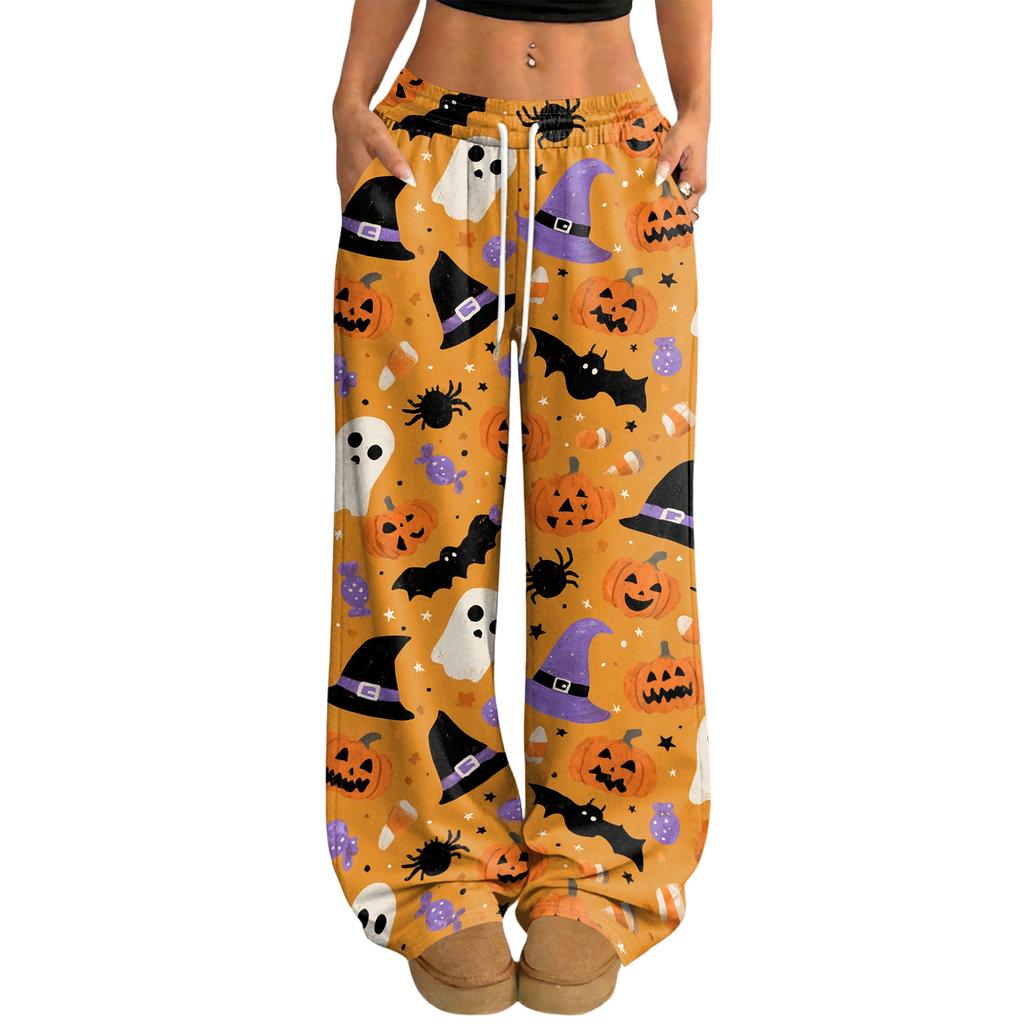 Damen Casual Locker Geschnittene Weite Hosen mit Halloween Print, Elastischer Bund mit Kordelzug für die Feierparty