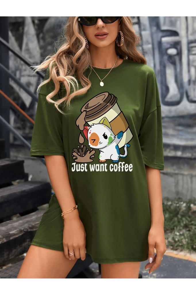 Women's Style Big Size T-Shirt Just Want Coffee Printed T-Shirt Plus Size
