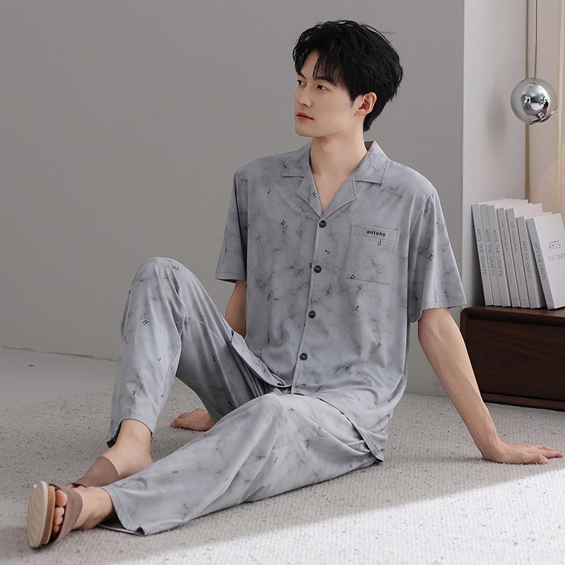 Modal men's pajamas summer thin short-sleeved trousers cold silk cool casual large size dad loungewear set