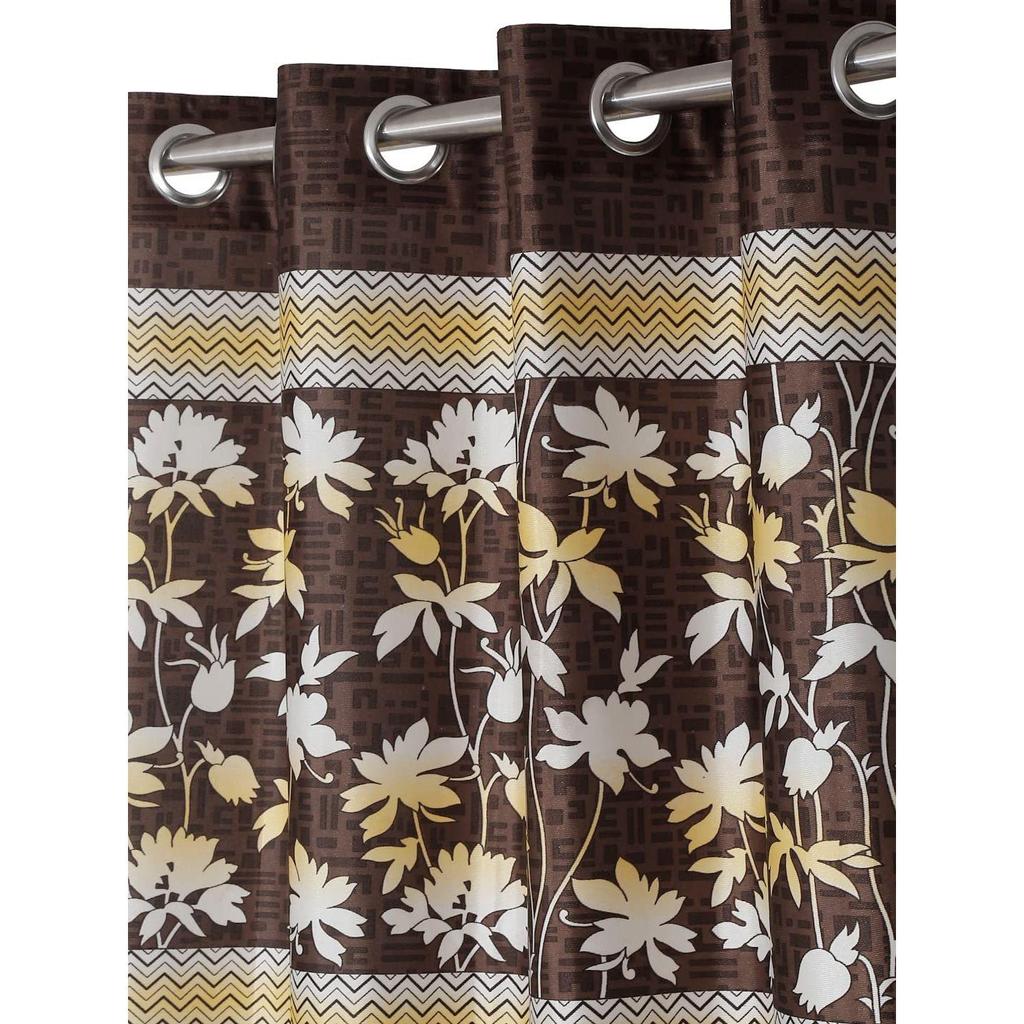 2 Piece Flower Border Panel Eyelet Polyester Long Door Curtains - Brown