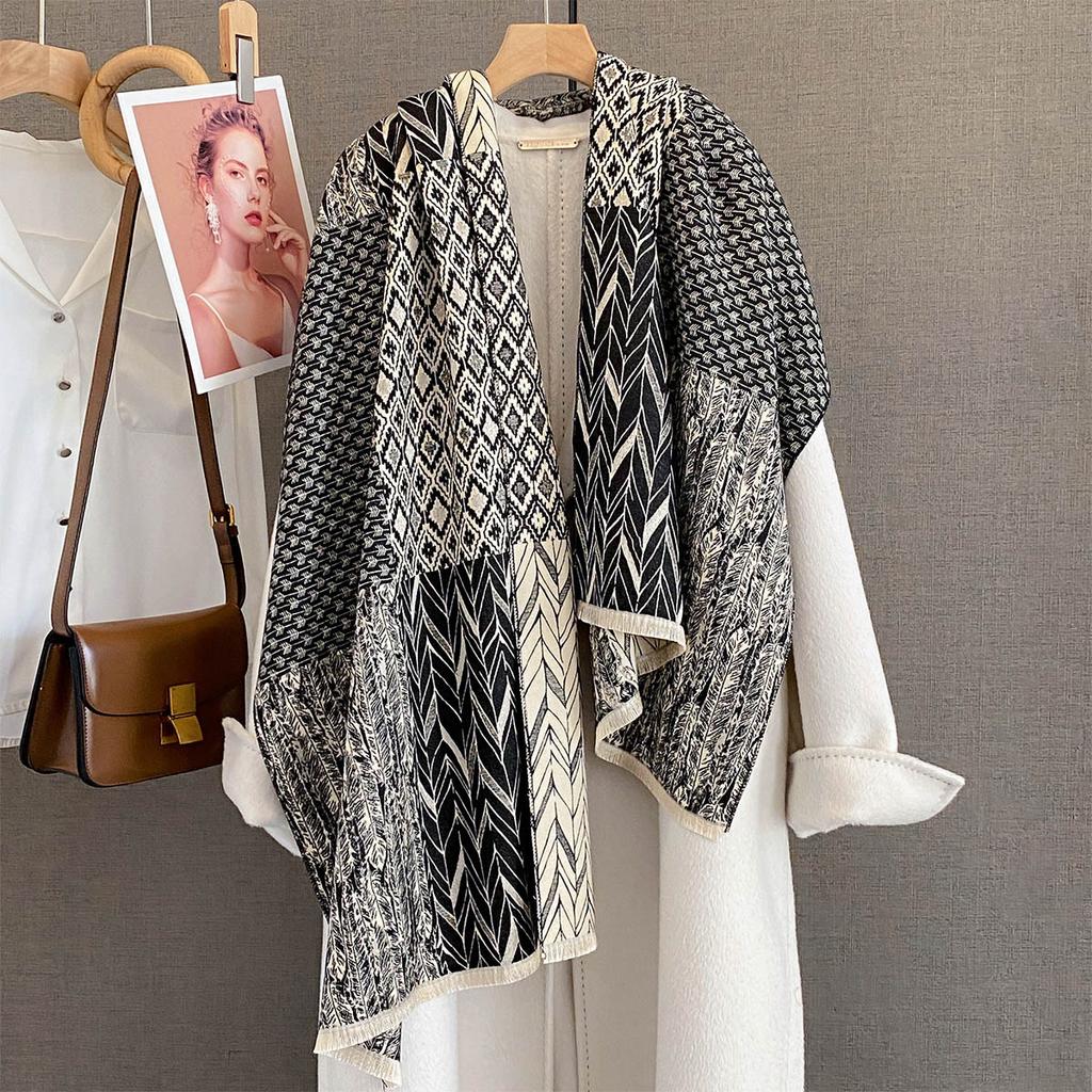 Autumn new fashionable geometric texture splicing scarf women's imitation cashmere warm fashion versatile outer shawl scarf