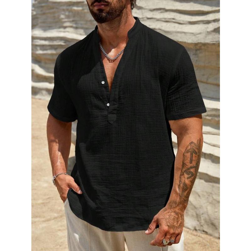 Mens Casual Linen Henley Neck Short Sleeve Button Up Shirt S чёрный
