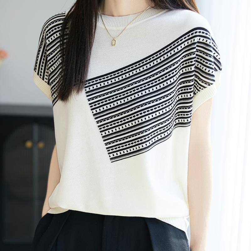 New Color-blocking Round-neck Knitted Short-sleeved Women's Loose, Slimming, Stylish, Casual and Versatile Top, Flying Sleeve T-shirt