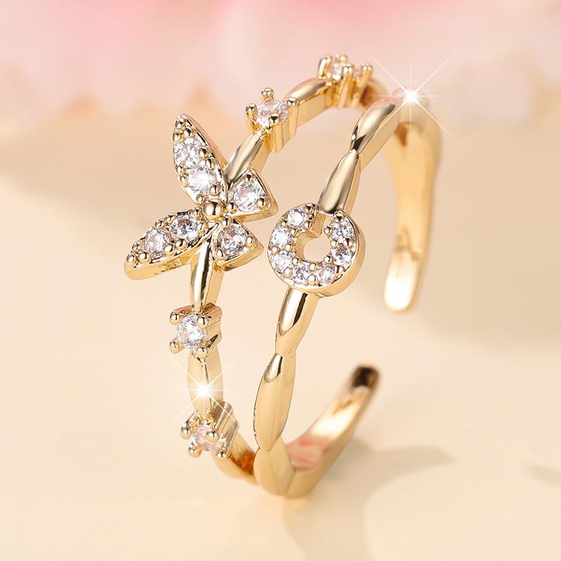 

Двухслойные циркониевые бабочки 26 букв открытые кольца для женщин золотого цвета регулируемое кольцо палец ювелирные изделия свадебный подарок C золотой
