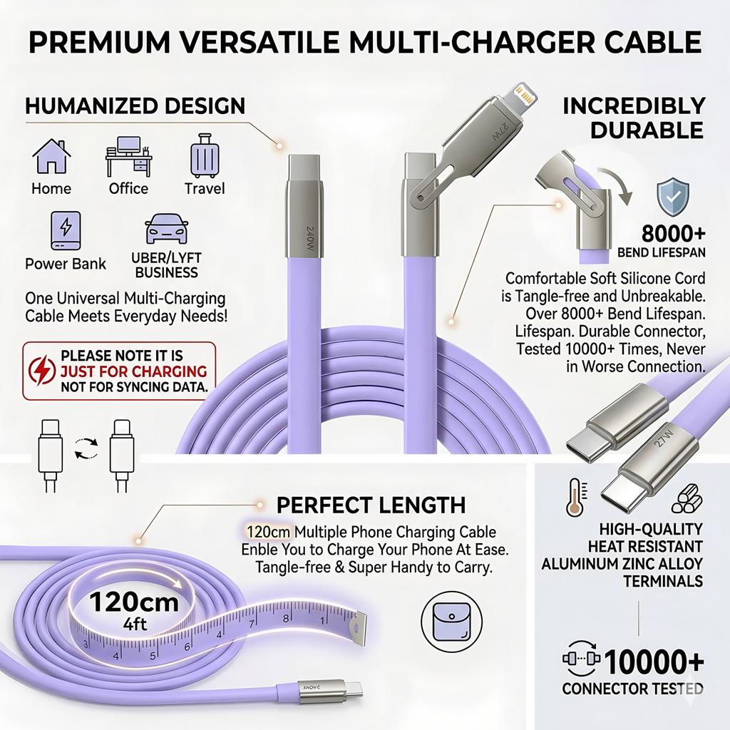 240W PD 4-in-1 Multi Charging Cable USB C Fast Data Sync Wire Compatible With All Smart Phones