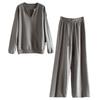 Women's V-Neck Knit Set - Autumn Fashion, Solid Color Two-Piece Trousers and Top