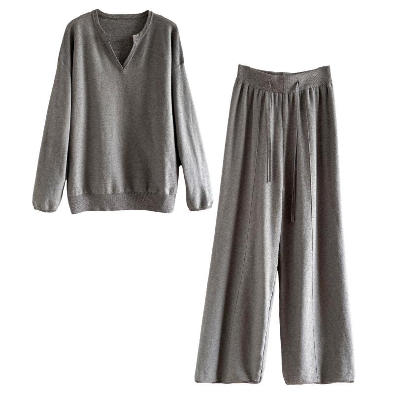 Women's V-Neck Knit Set - Autumn Fashion, Solid Color Two-Piece Trousers and Top