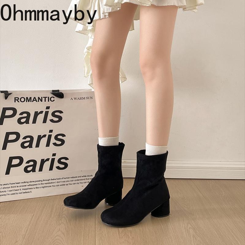 Vintage Stretch Slim Women Ankle Boots Fashion Pointed Toe Thick Heel Shoes Street Style Banquet Party Short Botas Mujer