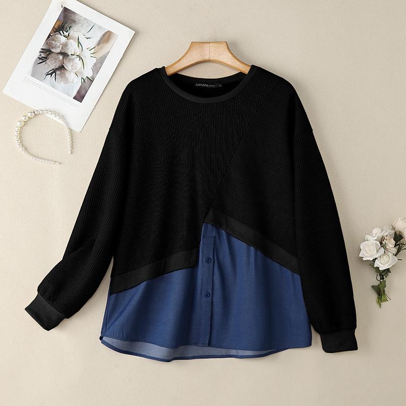 ZANZEA Women Round Neck Long Sleeve Casual Patchwork Pullover Sweatshirt