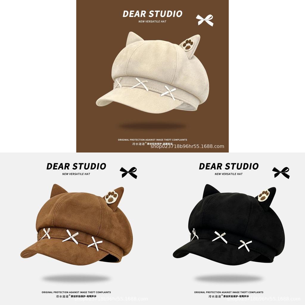 Cat Ears Octagonal Beanie Hat With Wide Brim For Winter Warmth