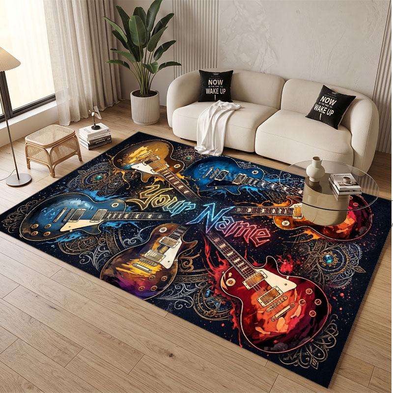 Music Guitar Theme Soft Crystal Velvet Rug Custom Name & Text Print Non Slip Floor Rug for Bedroom Living Room