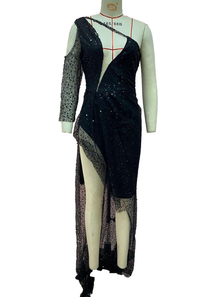 Dreamy High-Slit Sequin Evening Dress - Long Sleeve Women's Formal Wear