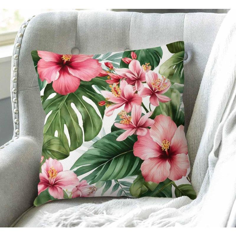 1 Stück Tropische Hibiskus-Monstera-Blatt-Druck Kissenbezug, Geeignet für Sofa, Schlafzimmer, Wohnzimmer, Ein frisches Geschenk für Pflanzenliebhaber