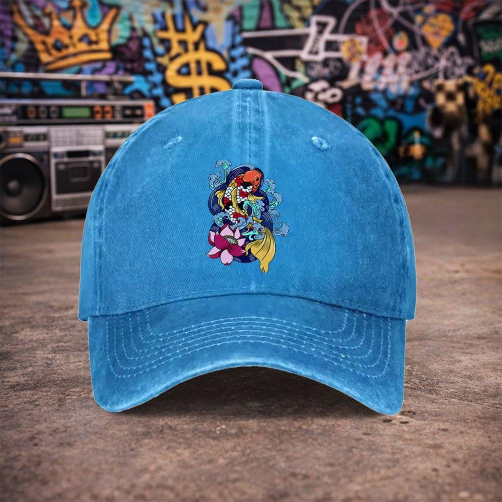 Pc Unisex And Wind Koi Lotus Vintage Washed Baseball Cap  UnisexS Trendy Hat  Versatile Duckbill Cap  Fun Print  Unique Birth