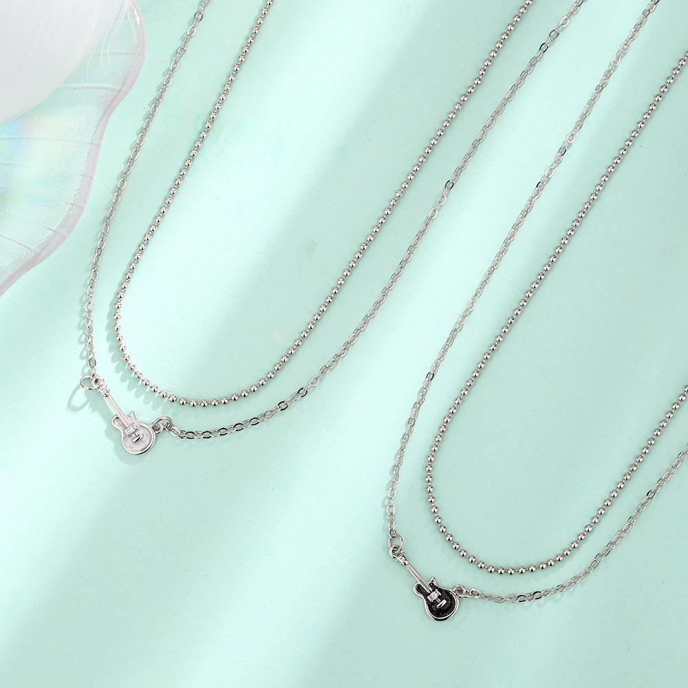 White Guitar Double Necklace Cool Personality Trendy Musical Instrument Creative Black Bass Collarbone Chain