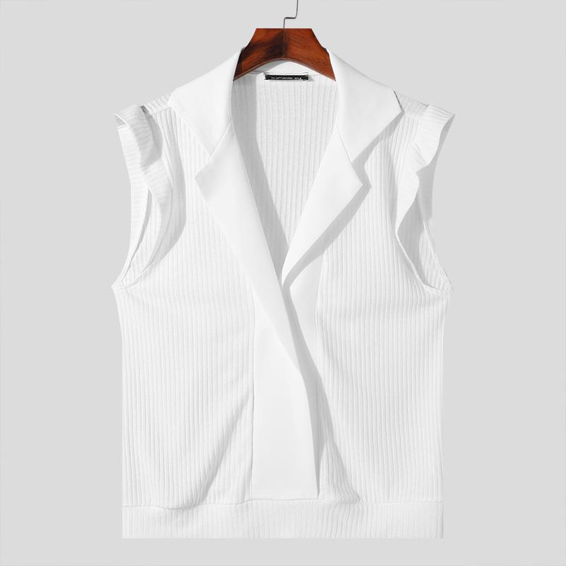 

INCERUN Мужская лоскутная трикотажная тонкая безрукавка с оборками Повседневная майка Майка 5XL белый