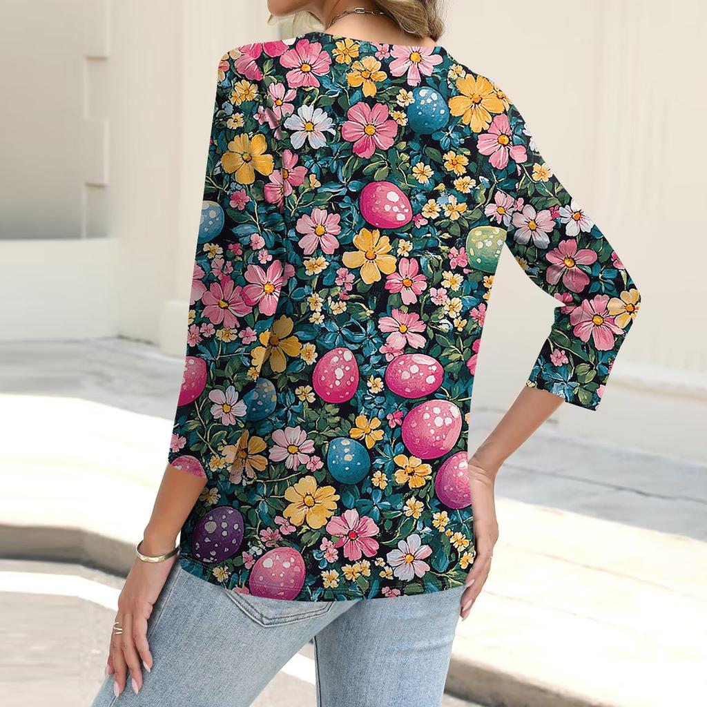 Women's Fashion Casual Print Button-down Shirt 3/4  Sleeve Tops
