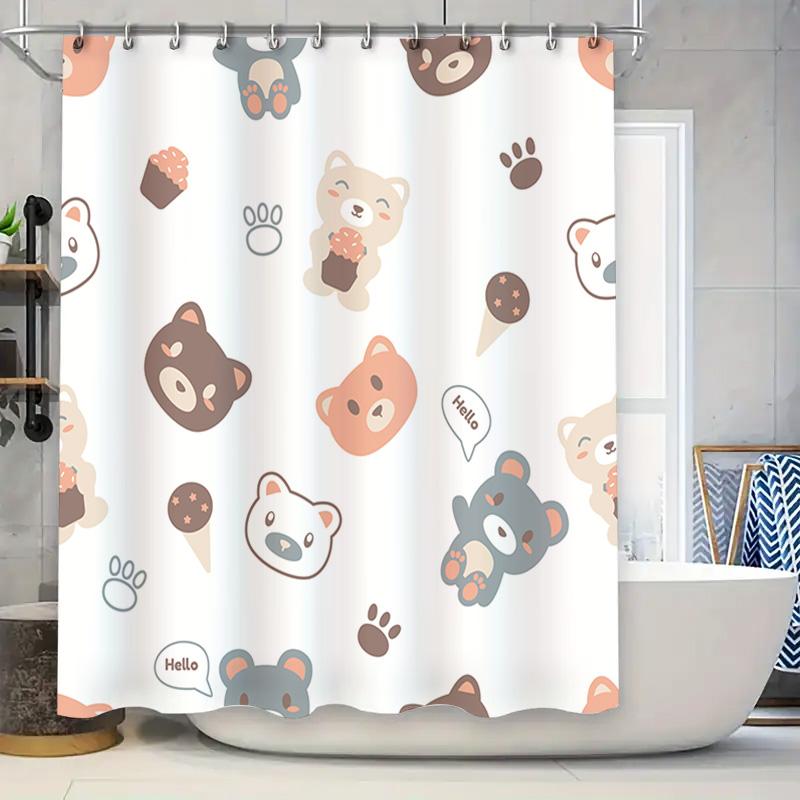 

Adorable Animal Print Shower Curtain Set For Bathroom Decor Cartoon Bears Design Waterproof Bath Mat Rings Kit White Color (Size W60H190(CM)-1 Pcs