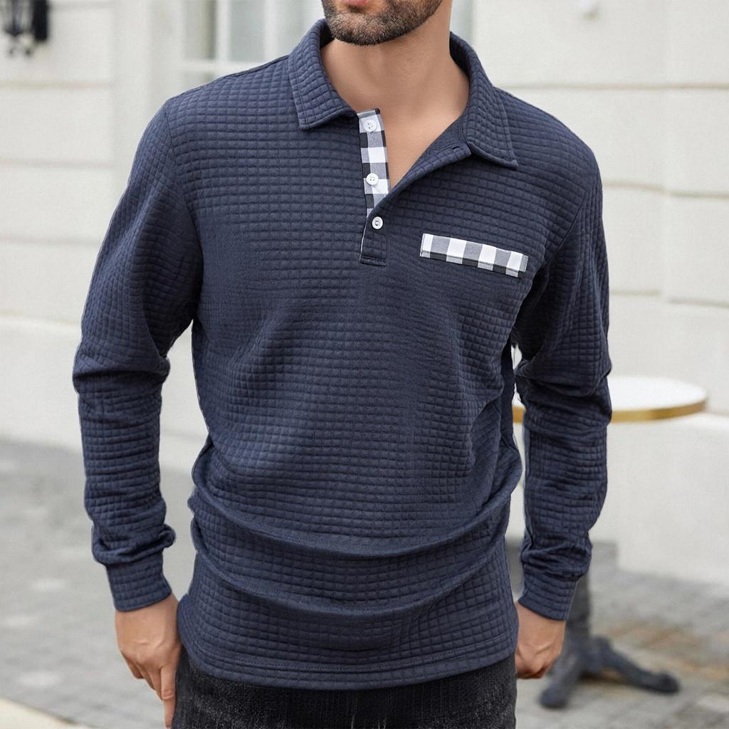 Men's Lapel Single Breasted Small Plaid Top Casual Sports Long Sleeved Top