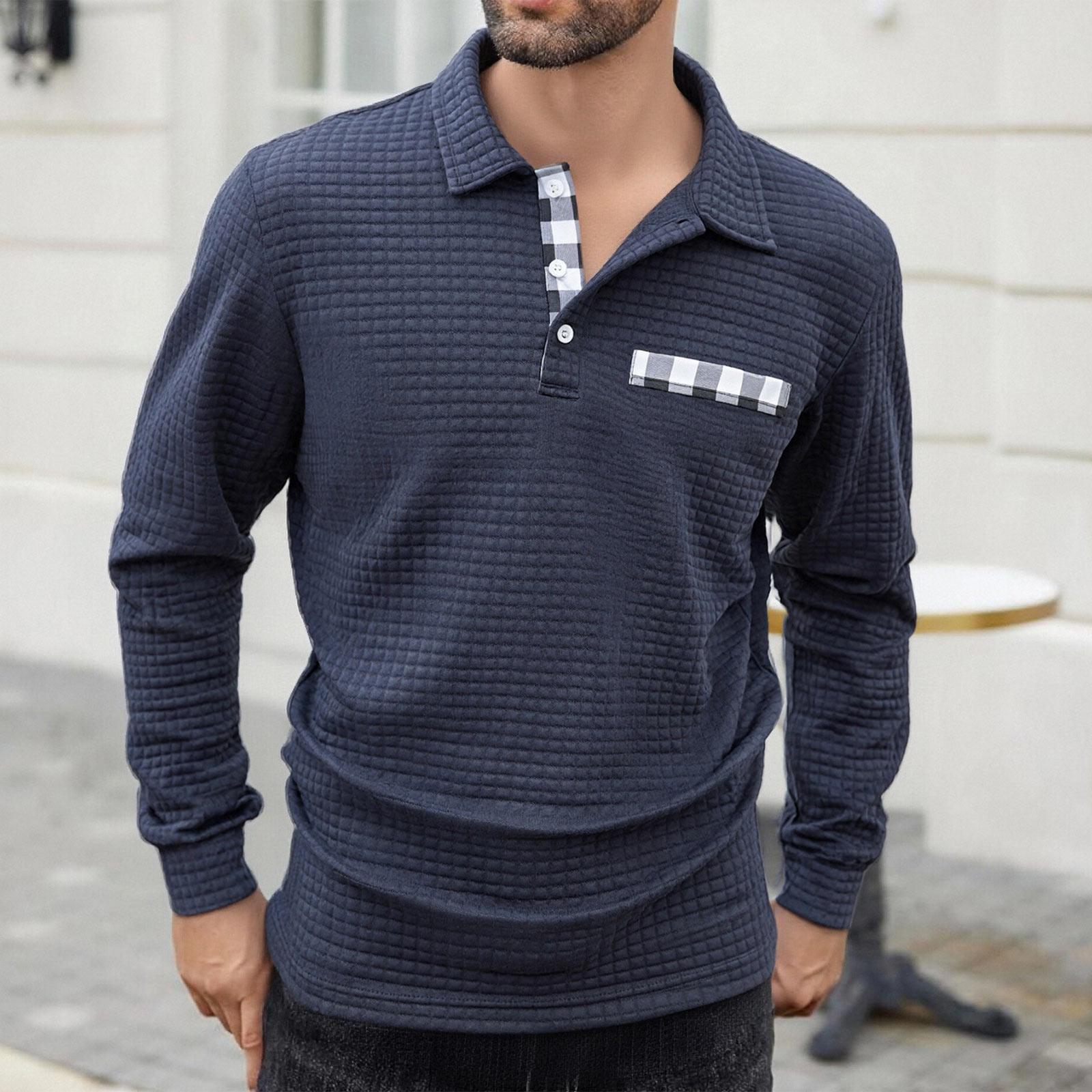 

Мужской топ с лацканами, однобортный, в мелкую клетку, повседневный спортивный топ с длинными рукавами L тёмно-синий