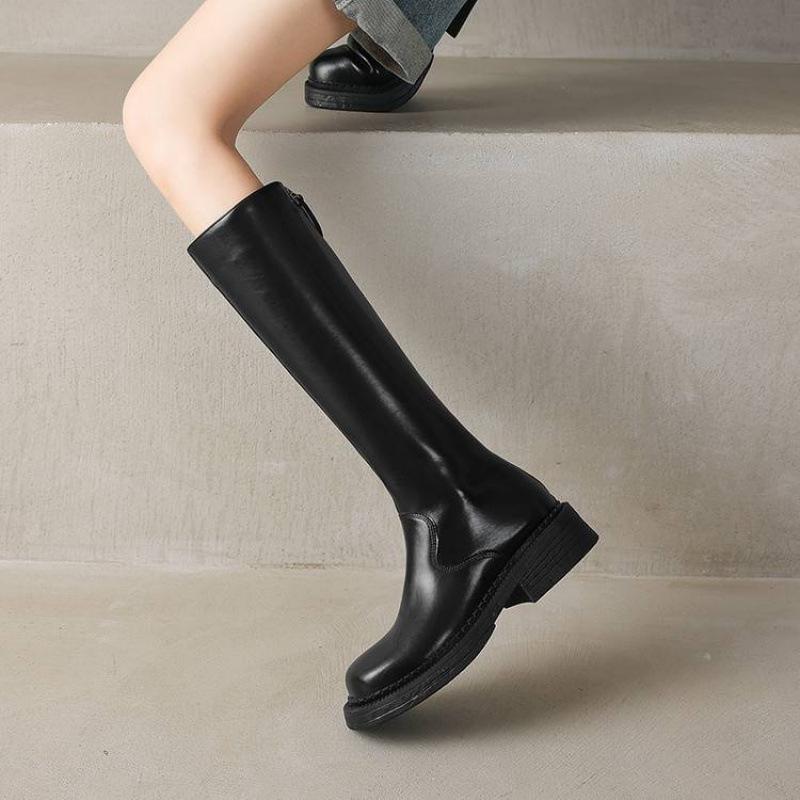 Autumn and Winter Solid Color Leather Large Size Women's Tall Boots Cowhide Middle Heel Comfortable Zipper Fashion Boots New Women's Boots