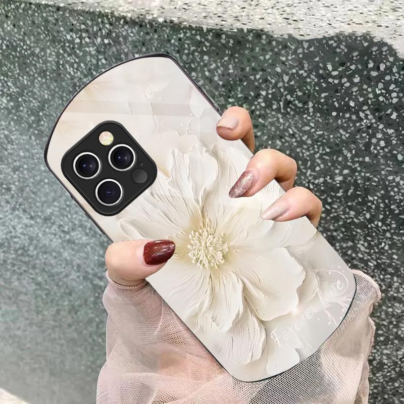 Plants in Oil Painting For iPhone 16 15 14 Pro 13 Plus 12 mini 11 13Pro Max XR X S 7 8 6 Elliptical Tempered Glass Phone Case