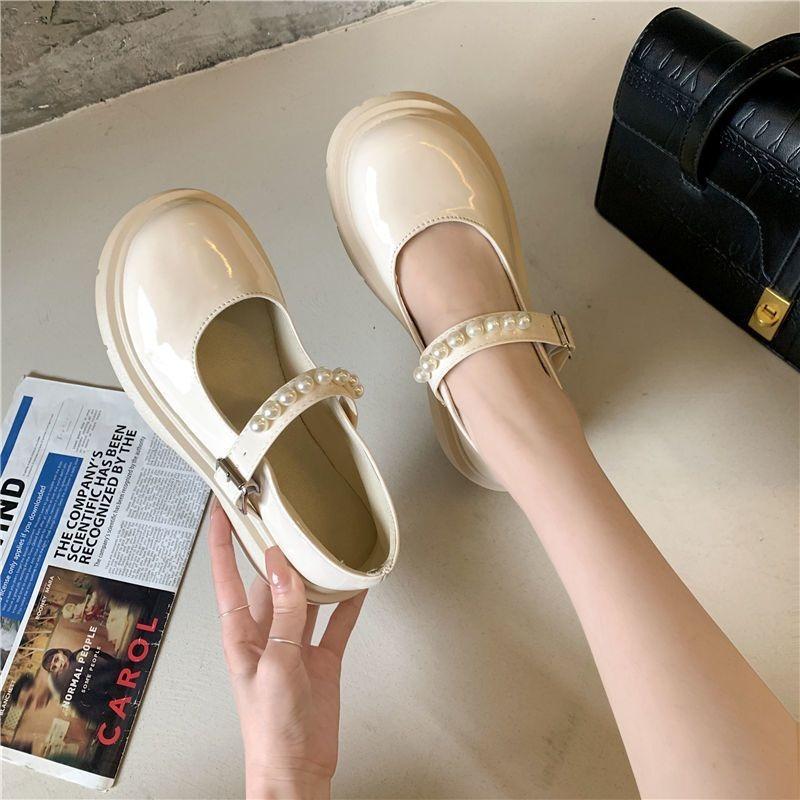 Retro Small Leather Shoes Women's Spring New Pearl Fairy One-word with Platform Mary Jane Single Shoes