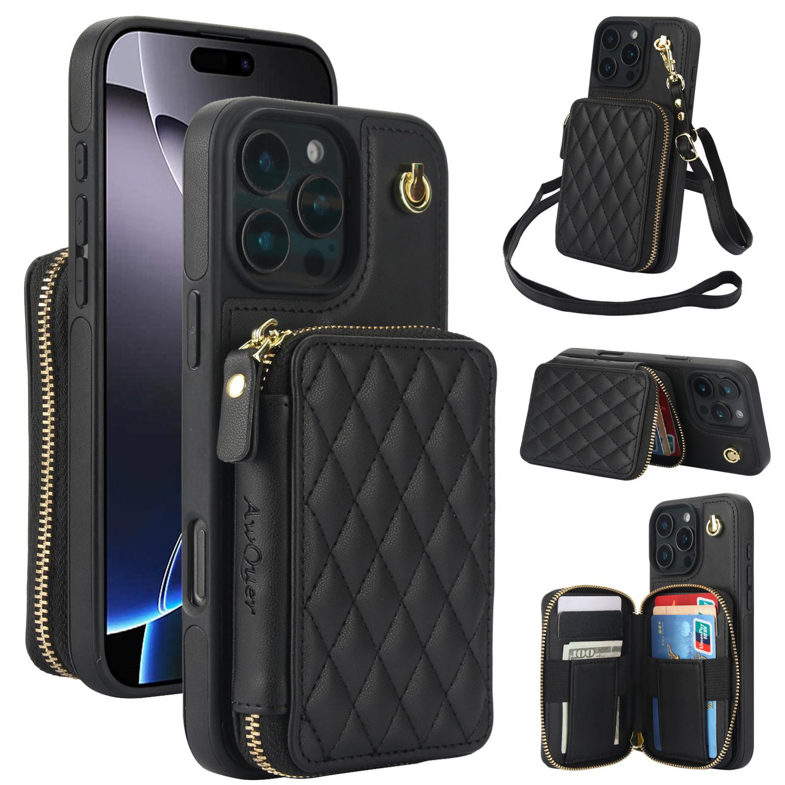 

Quilted Zipper Wallet Phone Case For IPhone 15/14/13/12 - 7 Colors Leather Card Holder Cover iPhone 11 Pro чёрный