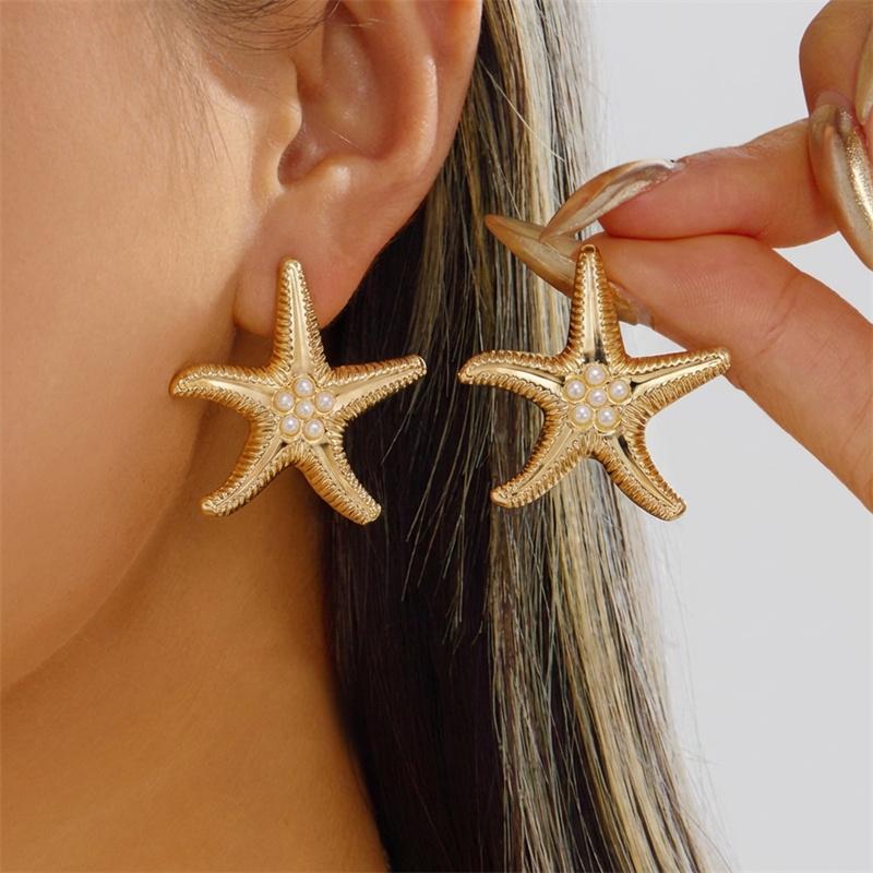 Vintage Gold Plated Metal Texture Shell Drop Earrings for Women Boho Elegant Imitation Pearl Conch Coral Earring Party Jewelry