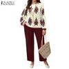 ZANZEA Women Long Sleeve Print Blouse and Pants Casual Two Piece Suit Sets
