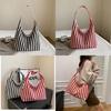 Stylish Korean Striped Large Tote Bag Versatile Retro Canvas Shoulder Bag For Daily Use