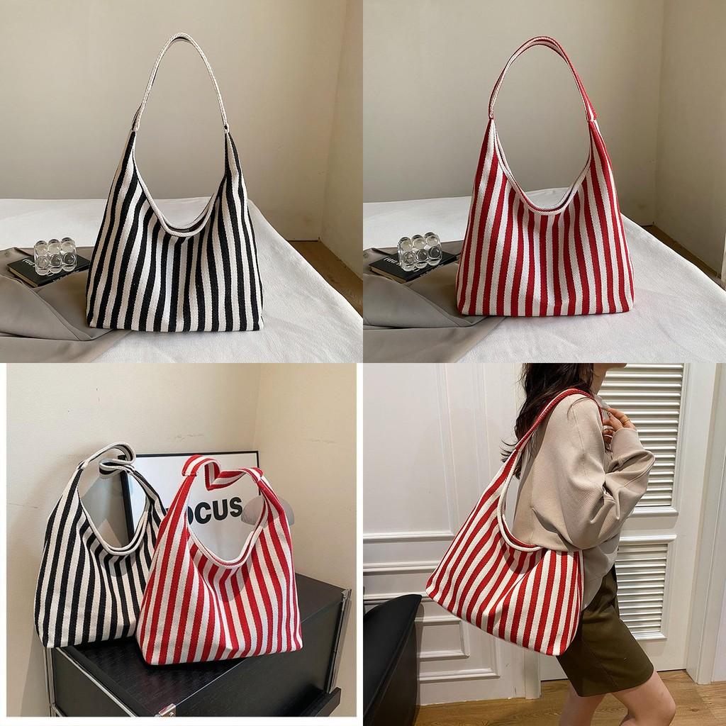 Stylish Korean Striped Large Tote Bag Versatile Retro Canvas Shoulder Bag For Daily Use