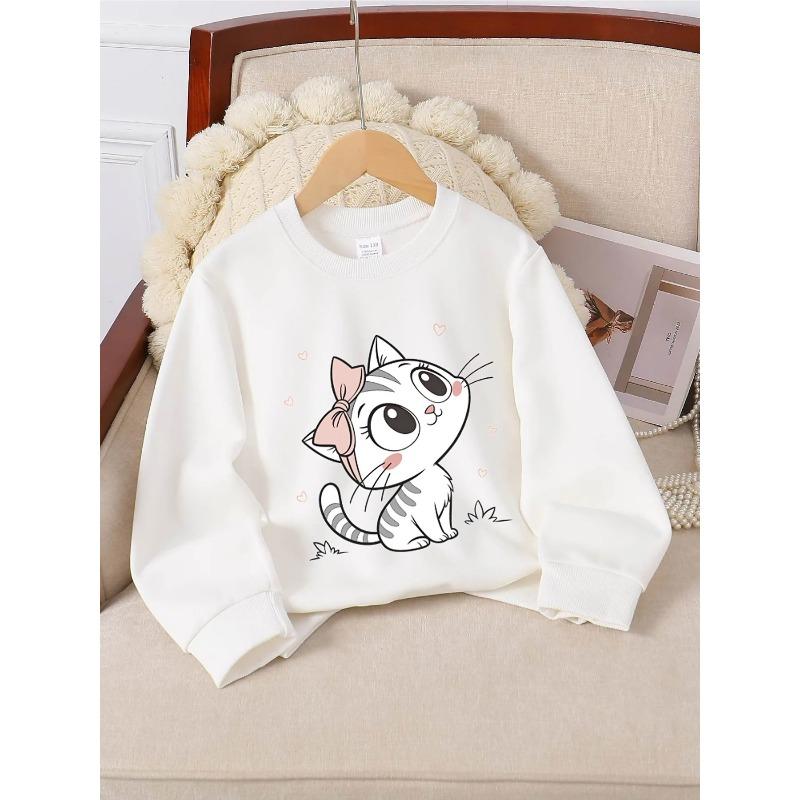European Sizes Crewneck Sweatshirt for Kids Featuring an Adorable Cat with a Bow And Hearts, Soft And Comfy Sportswear Is Perfect for Casual Outings
