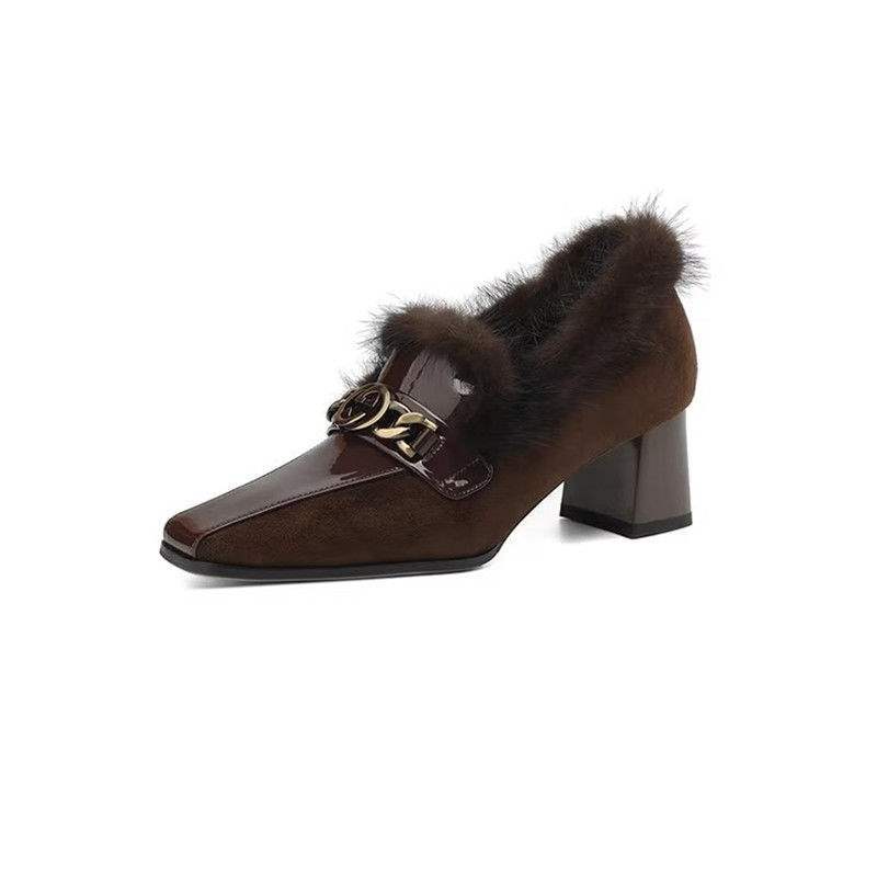 

Осень и зима замша норки туфли-лоферы на высоком каблуке женские бархатные в британском стиле квадратный носок глубокий вырез одинарная обувь толстый каблук пушистая обувь сохраняет тепло 35 темно-коричневого