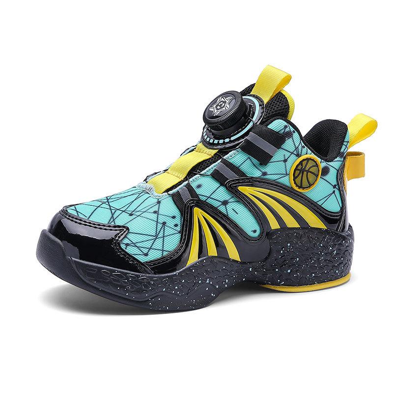 Breathable mesh children's basketball shoes 2025 spring and summer new classmates rotating button children's sneakers non-slip sneakers