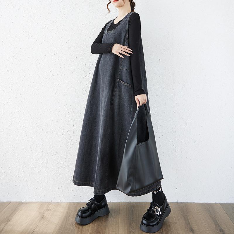 DIMANAF Women Plus Size Denim Dress Sleeveless Maxi Long Dress Cottton Vintage Loose Casual Dresses