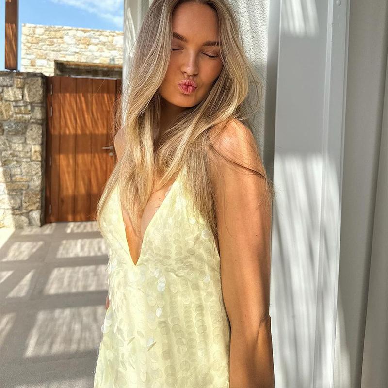 Sexy Hollow Sequin Sleeveless High Waist Evening Dress Casual Off Shoulder Deep V Slim Suspender Long Dresses