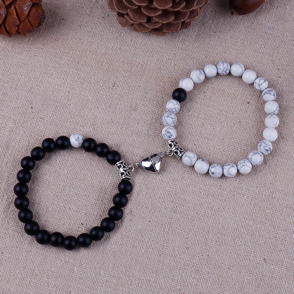 Heart Magnetic Couple Bracelet: Natural Stone, White Pine, and Tiger Eye Beaded Jewelry for Women