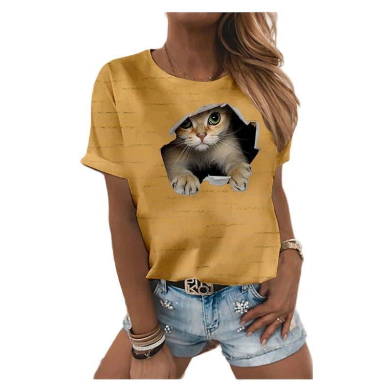 Summer Casual Digital Printed 3D Loose Round Neck Short Sleeved T-Shirts Women’s