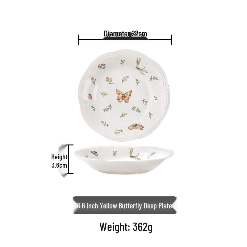 Retro Dragonfly & Butterfly Ceramic Tableware Set: Salad Plates, Bowls, and Deep Plates for Western and Asian Cuisine.
