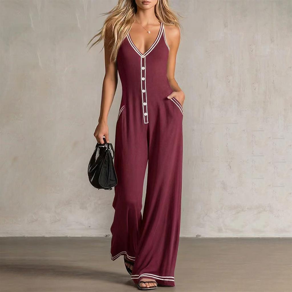 Damen ärmelloser Jumpsuit V-Ausschnitt Knopfleiste Weites Bein Tasche Lässiger Einteiler Romper