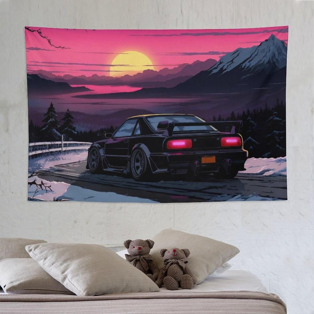 VIKAMA Purple Car Tapestry  Neon Lights Cityscape Vibrant Colors  Urban Atmosphere for Modern and Stylish Home Decor