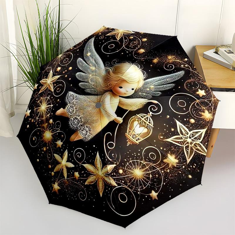 1pc Angel with Lantern in Starry Night Umbrella with Plastic Handle,Vibrant Cartoon Pattern,Multi-functional UmbrellaPT191