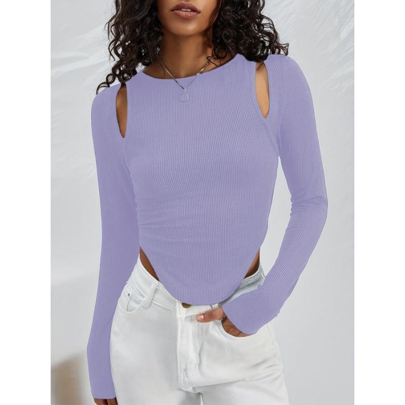 Spring and Autumn Women's Hollow Irregular Round Neck Knit Long Sleeve Sexy Fashion Top